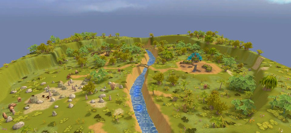 A generated grassland basin split by a river ravine, with a wooden bridge leading to a village on a hill and a forest to the north.